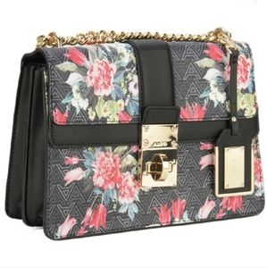 ALDO Black and Floral Print Faux Leather with Metal Details Crossbody Bag, EUC